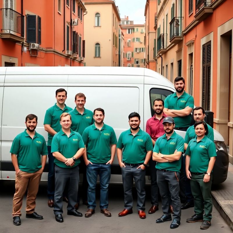 Gruppo di undici tecnici in polo verde davanti a un furgone bianco per le strade di Modena