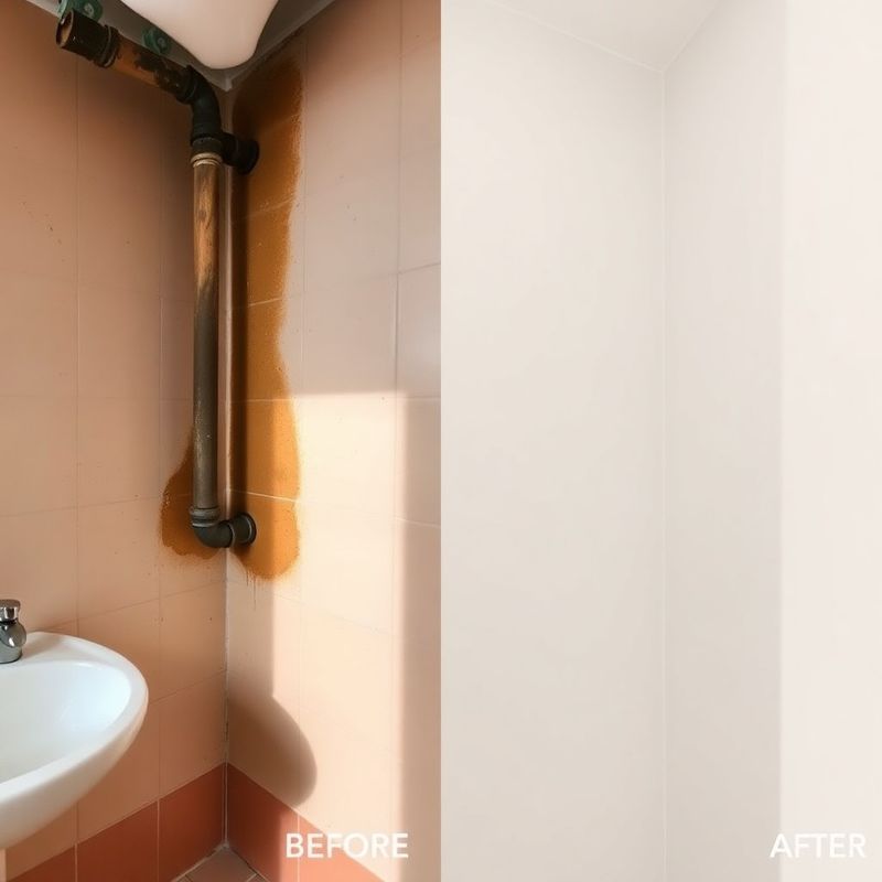 Dittico prima-dopo di una riparazione di tubatura in un bagno di Modena