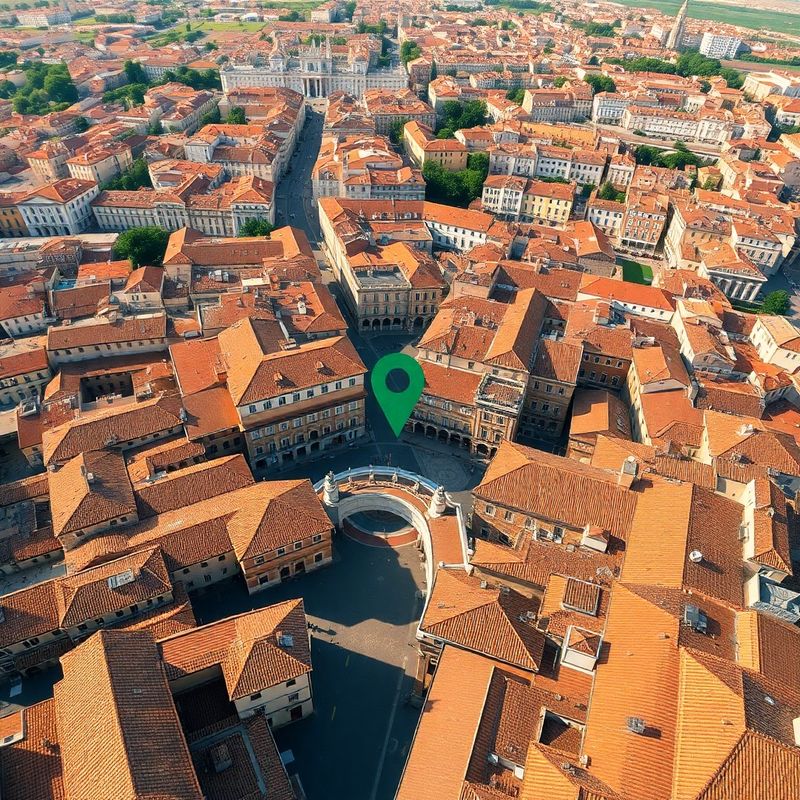 Illustrazione aerea del centro di Modena con un segnaposto verde su Via Emilia Est