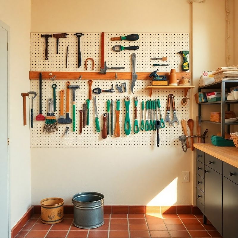 Officina ordinata di Gruppo Romano con utensili organizzati su parete a pegboard e pavimento in cotto